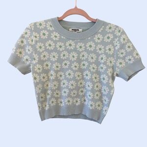 RSQ Women’s Floral Daisy Short Sleeve 90’s Sweater Top New Blue White Size Large